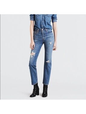 Levis 501 Jeans Womens Blue Medium Wash High Rise Straight Distressed 27x30